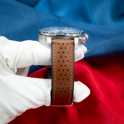 Chopard Mille Miglia Gts Race Edition 2022 168571-3010, close-up of side case and brown perforated leather strap.