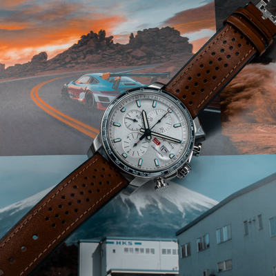 Chopard Mille Miglia Gts Race Edition 2022 168571-3010, the watch dial and perforated brown leather strap.