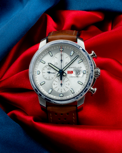 Chopard Mille Miglia Gts Race Edition 2022 168571-3010, silver dial with chronograph subdials, date, and tachymeter.