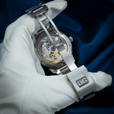 Glashütte Original Senator Excellence 1-36-02-01-02-61 watch with detailed view of the movement, caseback, and clasp.