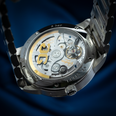 Glashütte Original Senator Excellence 1-36-02-01-02-61, caseback with visible movement gears and rotor.