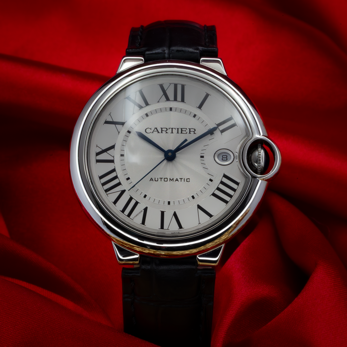 Cartier Ballon Bleu Silver Dial 40mm WSBB0039, a silver watch with a black leather strap and blue hands, dial.