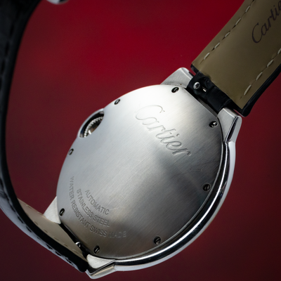 Cartier Ballon Bleu Silver Dial 40mm WSBB0039, engraved stainless steel caseback with "Cartier" script and watch
