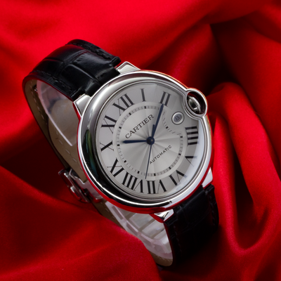 Cartier Ballon Bleu Silver Dial 40mm WSBB0039, full dial view with black leather strap.