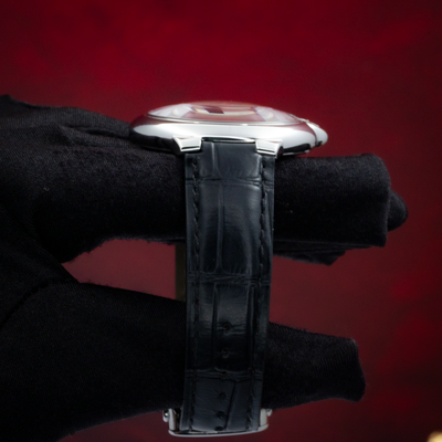 Cartier Ballon Bleu Silver Dial 40mm WSBB0039, side view of case and black alligator strap.
