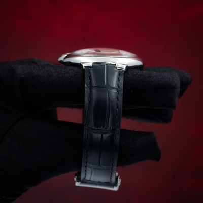 Cartier Ballon Bleu Silver Dial 40mm WSBB0039, side view of case and black alligator strap., view 2