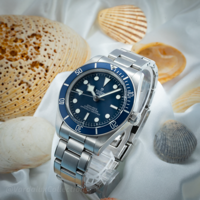 Tudor Black Bay 58 79030B, angled view of the blue dial and brushed stainless steel bracelet against seashells.