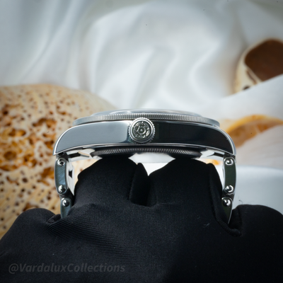 Tudor Black Bay 58 79030B side view showcasing the crown with Tudor rose and bracelet end links.