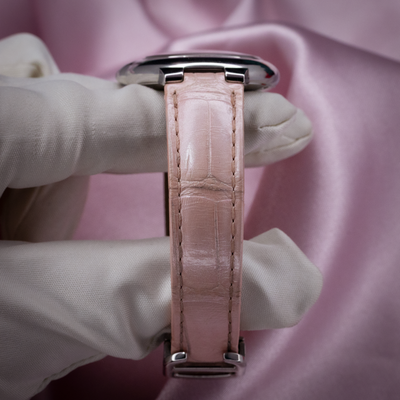 Cartier ballon bleu wsbb0002 watch, side view of the case and pink leather strap with buckle.
