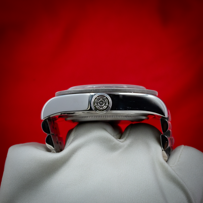 Tudor Black Bay GMT 79830RB, watch case side view with crown and bracelet links on a white surface.