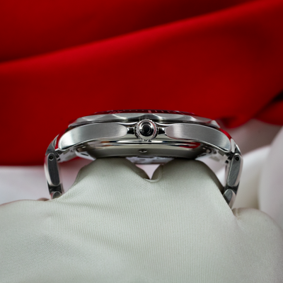Omega Seamaster 212.30.41.20.01.002, side view of case and crown with logo.