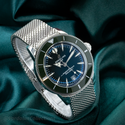 Breitling SuperOcean Heritage B31 AB31100361L1A1, full dial view with mesh bracelet.