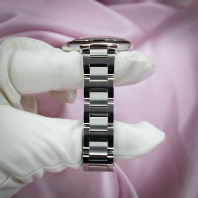 Cartier Ballon Bleu W6920100, stainless steel bracelet and side profile view of the case.