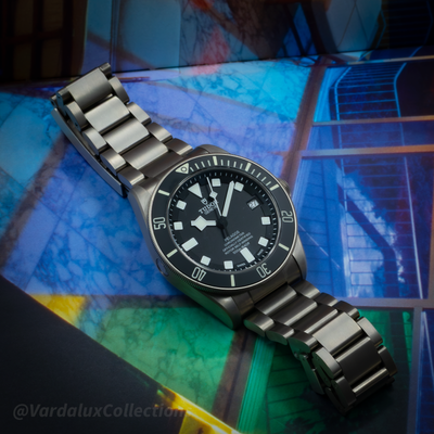 Tudor Pelagos 25600TN dial with date window and part of the titanium bracelet.