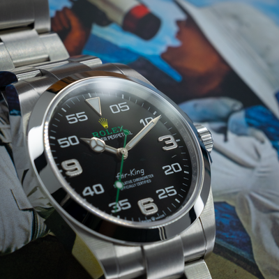 Rolex Air King Automatic Black Dial 126900 dial with hands, hour markers, minute track, and RolexRehaut.