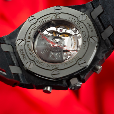 Audemars Piguet Jarno Trulli 26202AU.OO.D002CA.01, close-up of the open caseback showing the movement.