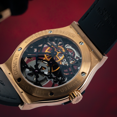 Hublot Gold Skeleton watch, reference 505.OX.0180.LR, caseback displaying the exposed movement, screws, and engraved text.