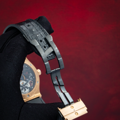 Hublot Gold Skeleton 505.OX.0180.LR, black crocodile leather strap with black PVD titanium and 18K rose gold deployant