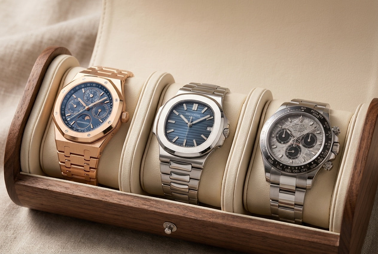 Three grail watches resting in a collector's watch case
